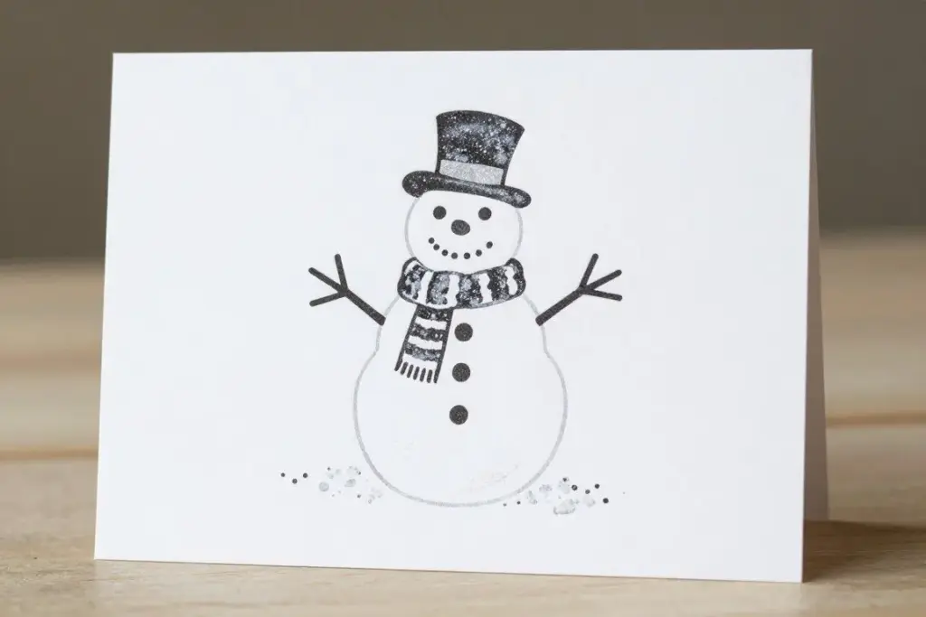 Handmade holiday greeting card featuring a stamped potato print snowman