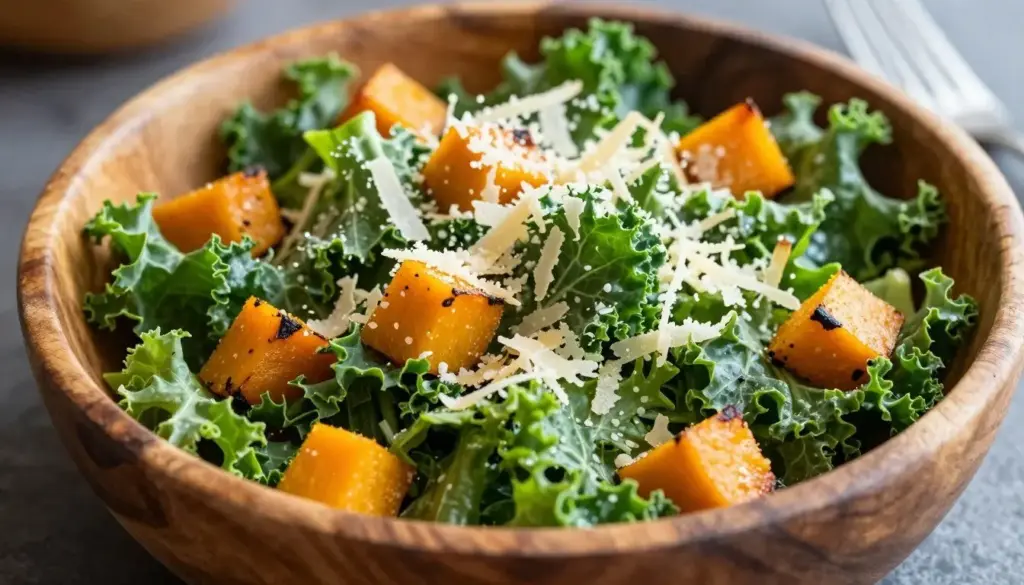 Harvest Caesar salad with roasted squash and parmesan crisps in a wooden bowl