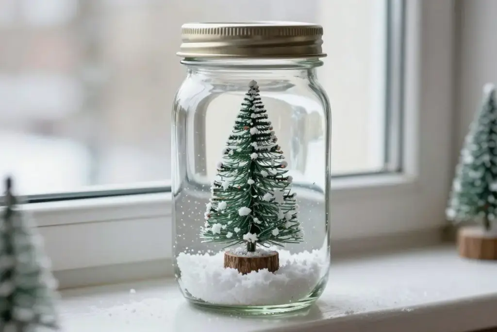 Homemade waterless snow globe inside a mason jar with bottle brush tree