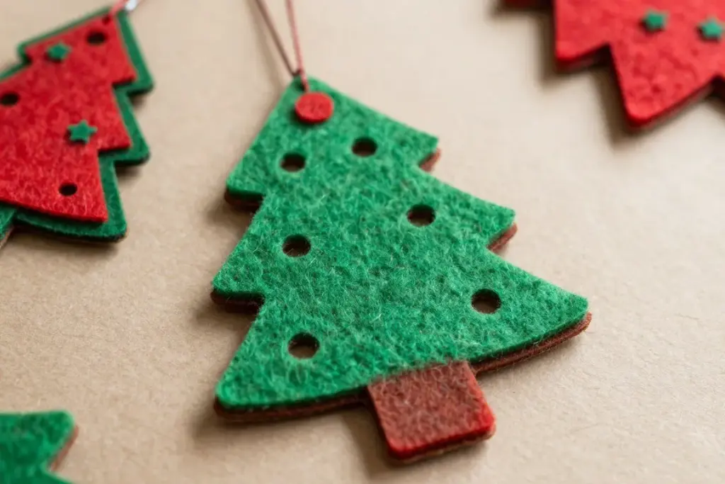 Layered felt holiday ornament with stitched detailing hanging on a tree