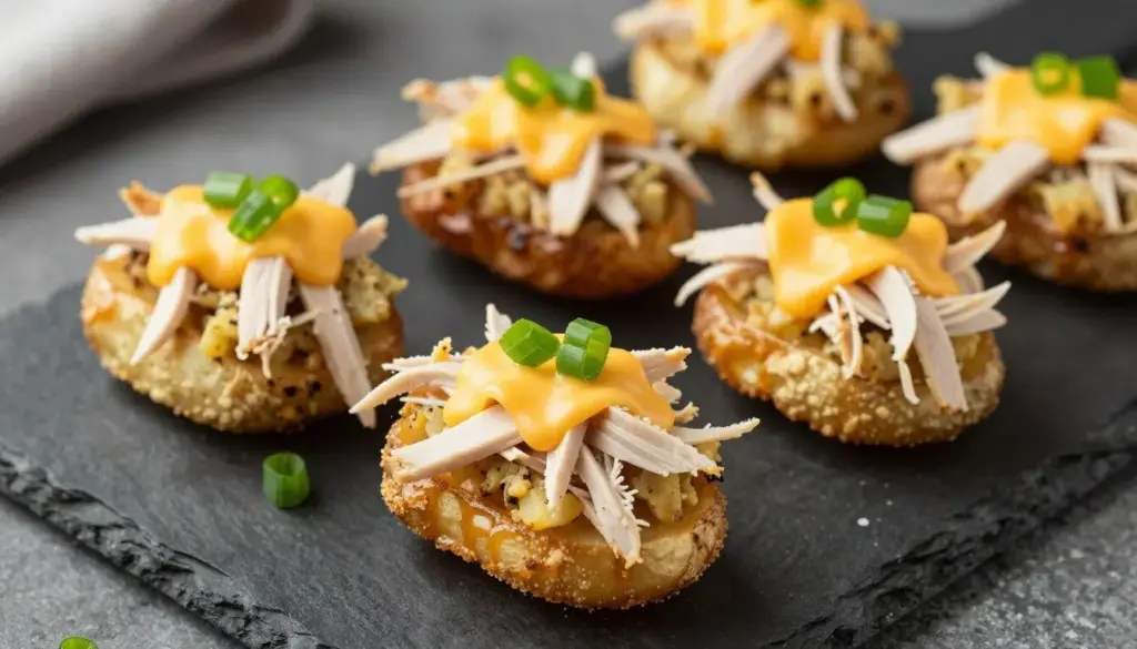 Loaded Thanksgiving potato skins topped with turkey and melted cheddar