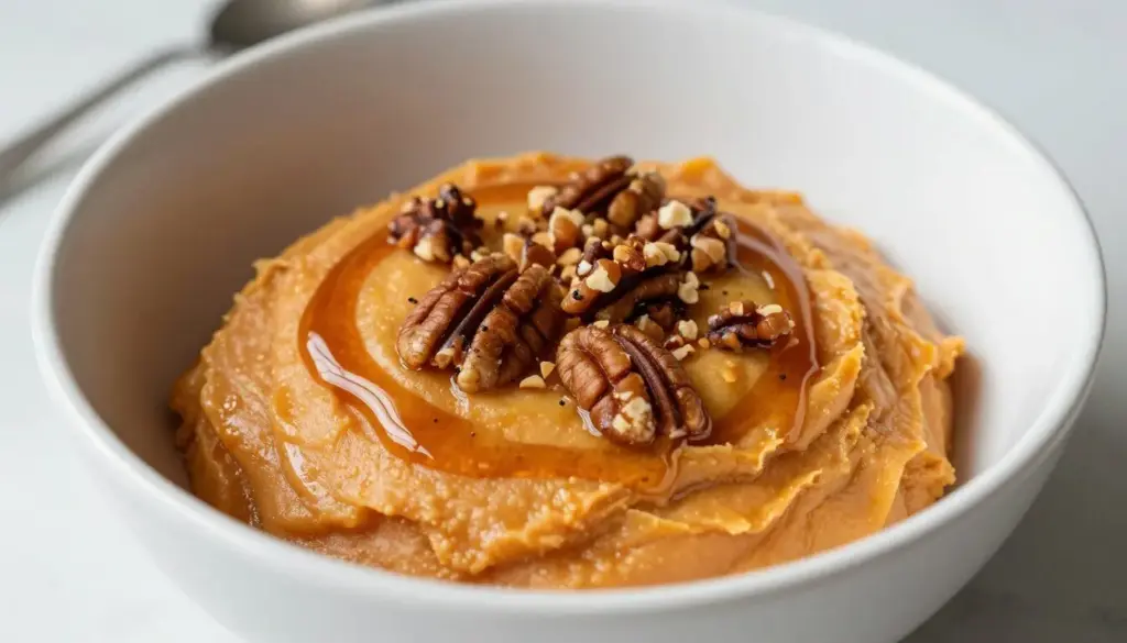 Mashed sweet potatoes swirled with maple syrup and toasted chopped pecans