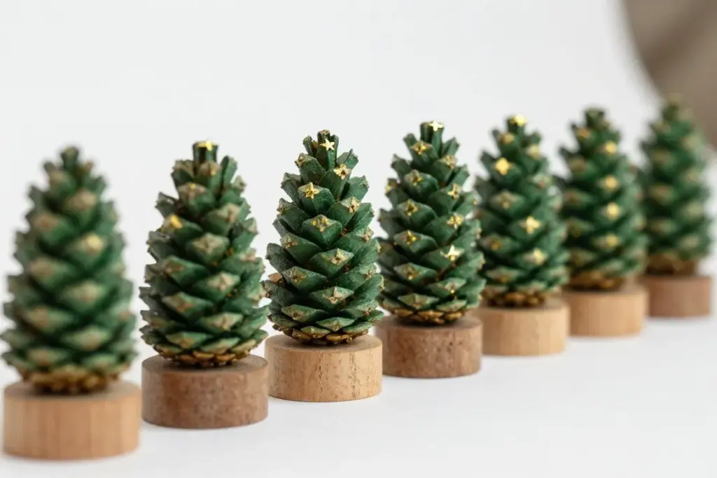 Miniature pine cone Christmas trees sitting in wooden cork stands