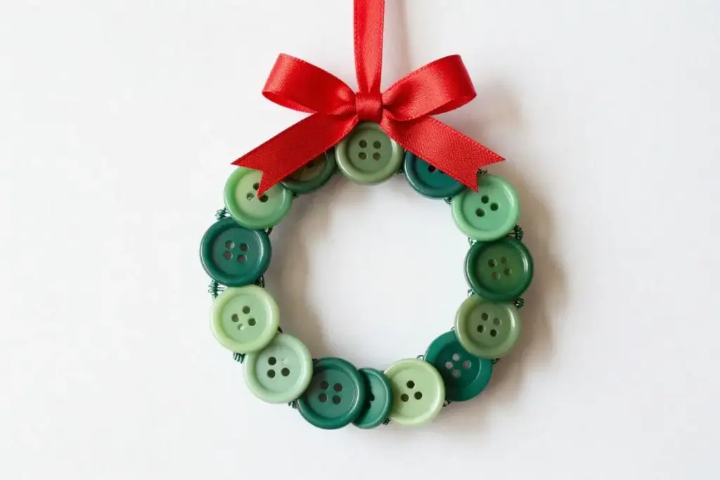 Miniature wreath ornament made from green buttons threaded on wire