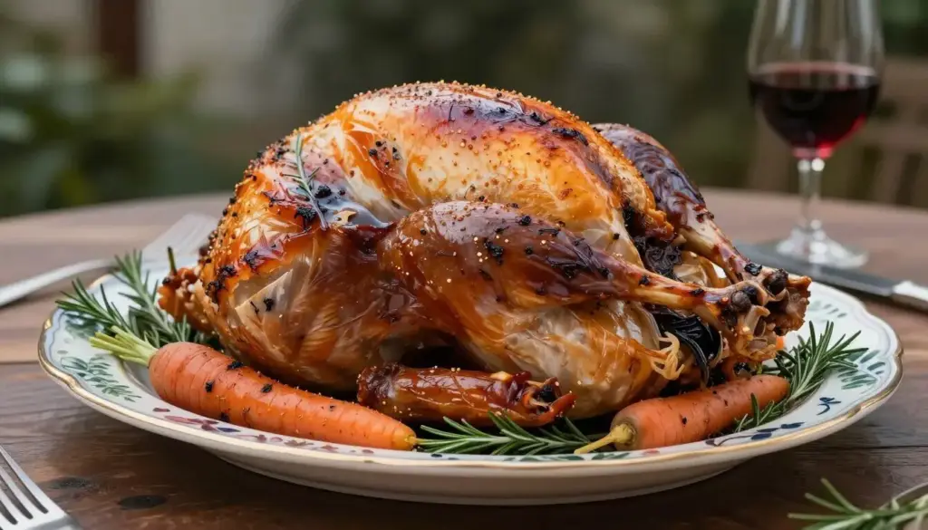 Oven roasted turkey glistening with herb butter on a festive serving platter