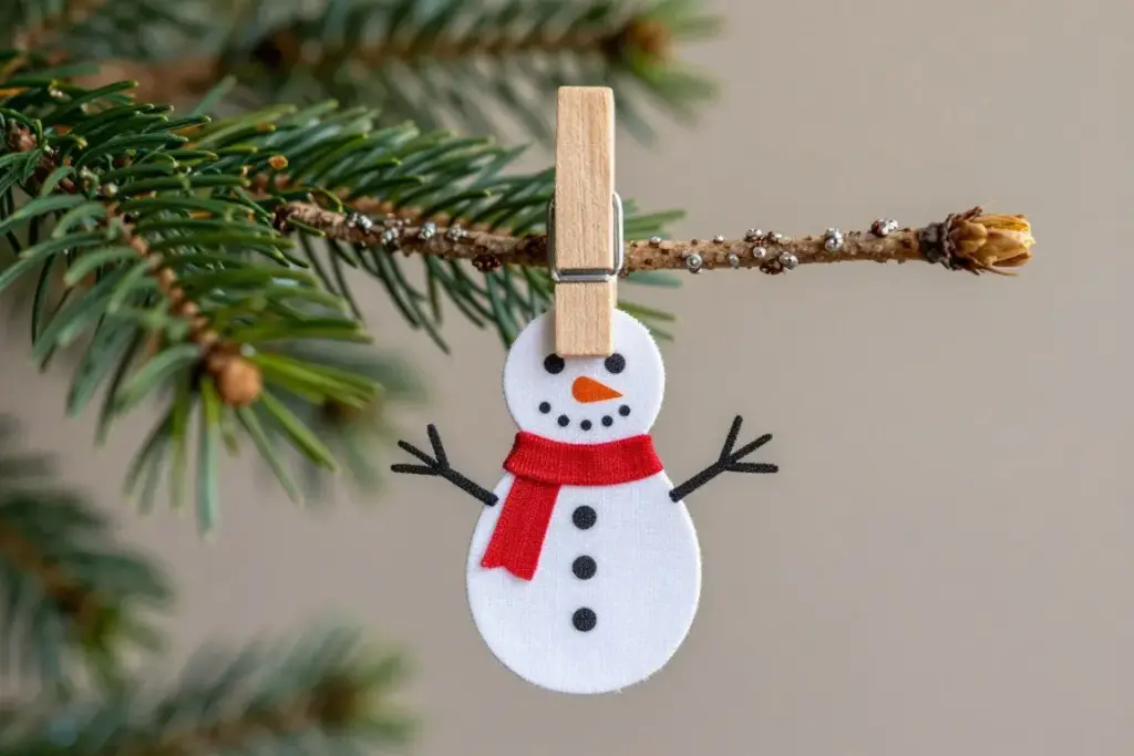 Painted wooden clothespin snowman with felt scarf clipped to greenery