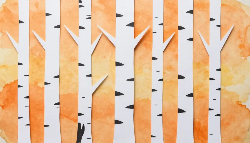Paper birch tree silhouettes with black bark marks on a sunset paper background