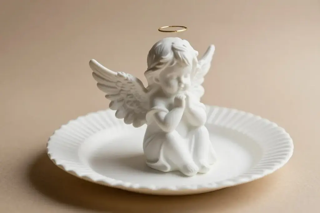 Paper plate angel craft with curved wings and gold halo