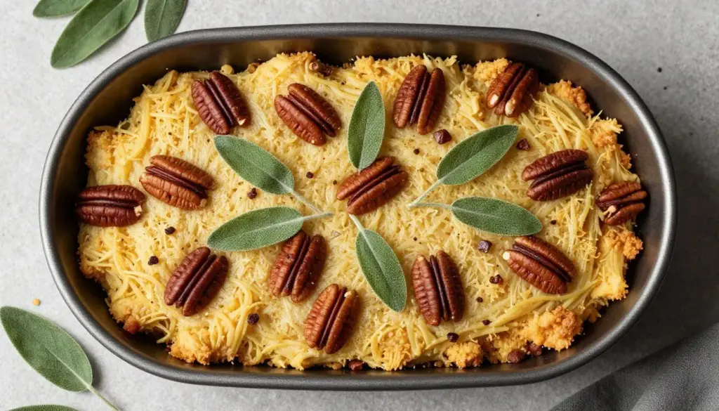 Pecan cornbread dressing with toasted nuts on top