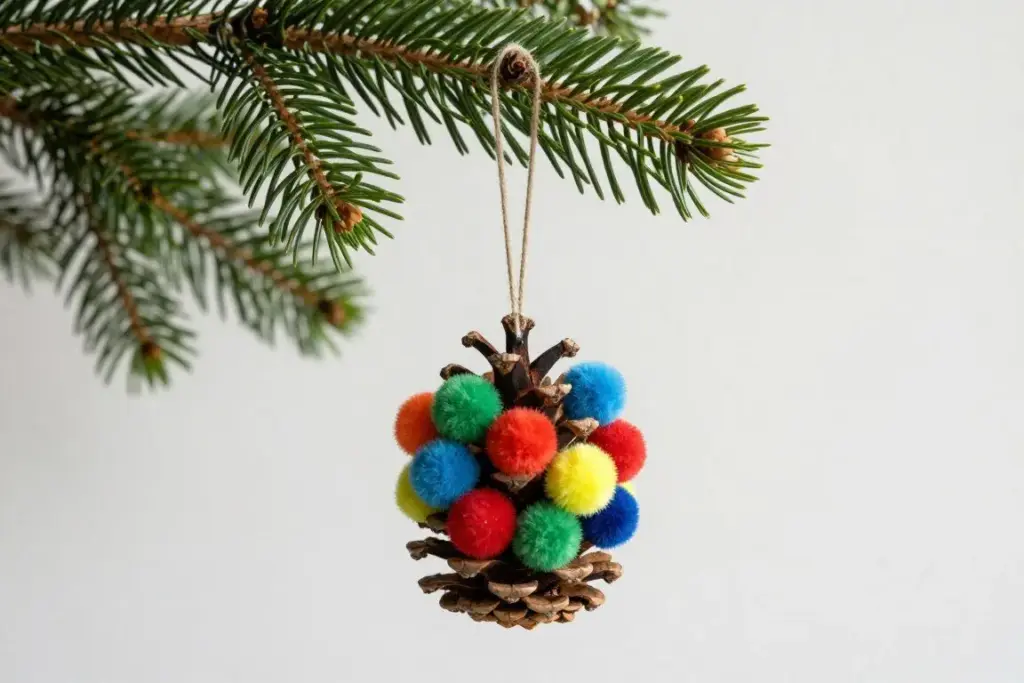 Pine cone decorated with tiny colorful pom-poms hanging on a branch