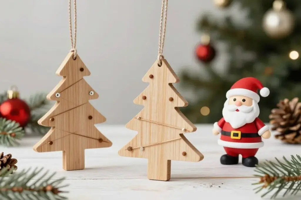 Popsicle stick Christmas tree and Santa ornaments side by side
