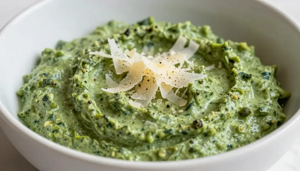 Rich creamed spinach garnished with parmesan cheese in a white bowl