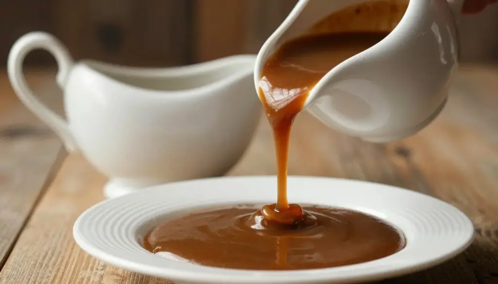 Rich homemade turkey gravy poured from a porcelain gravy boat