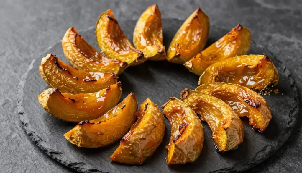 Roasted acorn squash wedges caramelized with maple syrup and spices