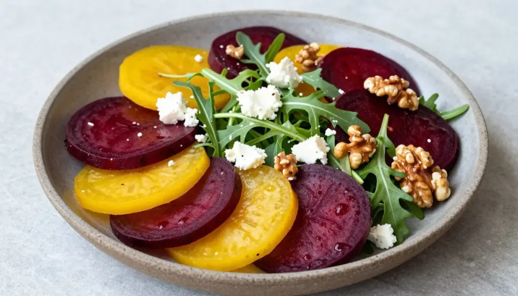 Roasted beet and arugula salad with goat cheese crumbles and walnuts