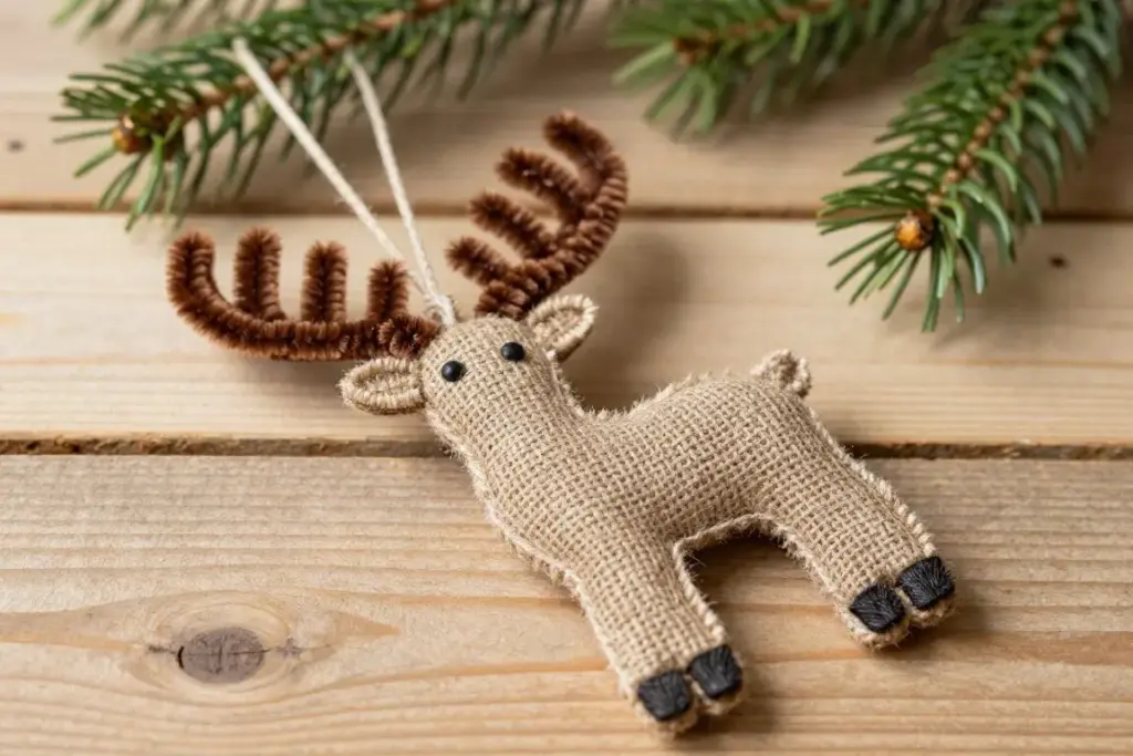 Rustic burlap reindeer ornament with pipe cleaner antlers and jingle bell nose