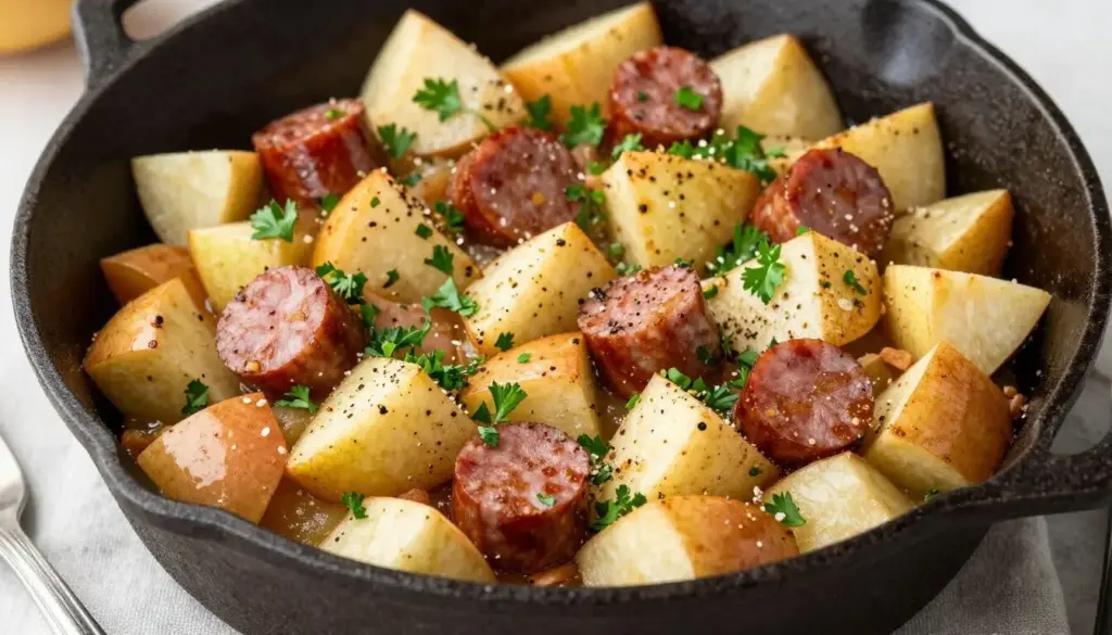 Sausage and apple stuffing served in a cast iron skillet