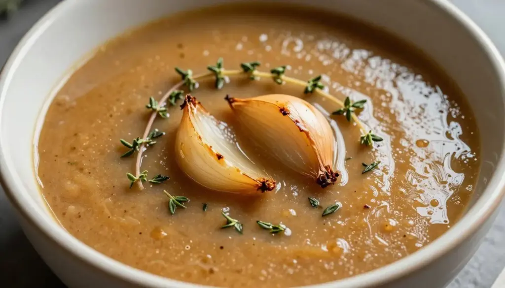 Savory roasted shallot turkey gravy in a warm ceramic bowl