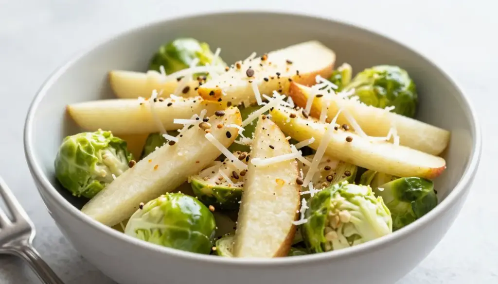 Shaved Brussels sprouts salad with apple matchsticks and pecorino cheese