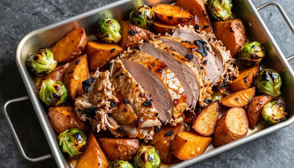 Sheet-pan dinner featuring turkey breast slices, sweet potatoes, and brussels sprouts