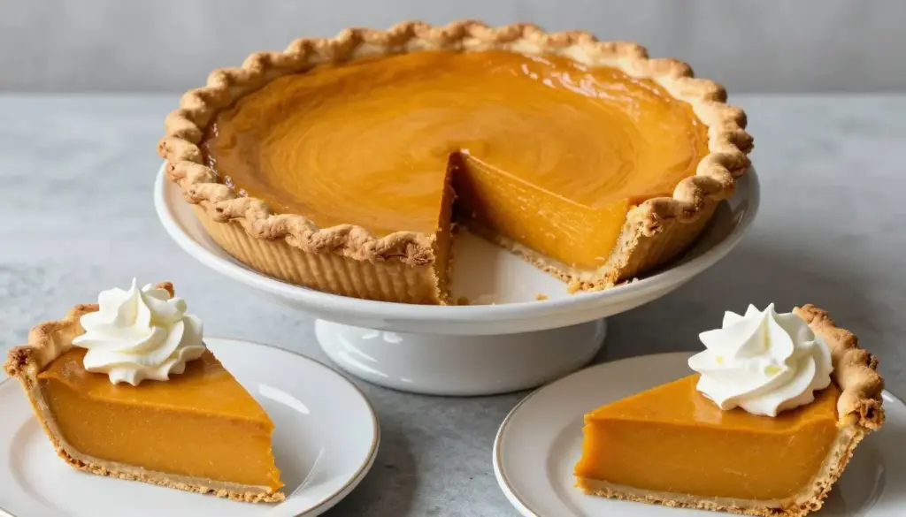 Slice of traditional pumpkin pie topped with whipped cream on a plate