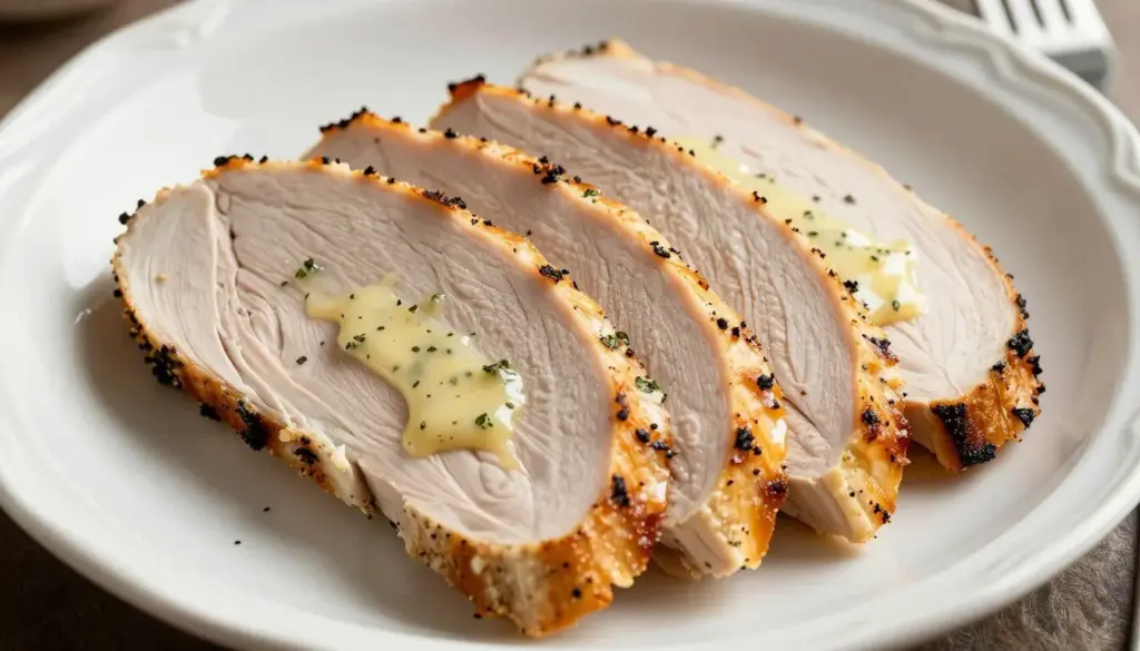 Sliced herb-roasted turkey breast on an oval serving dish