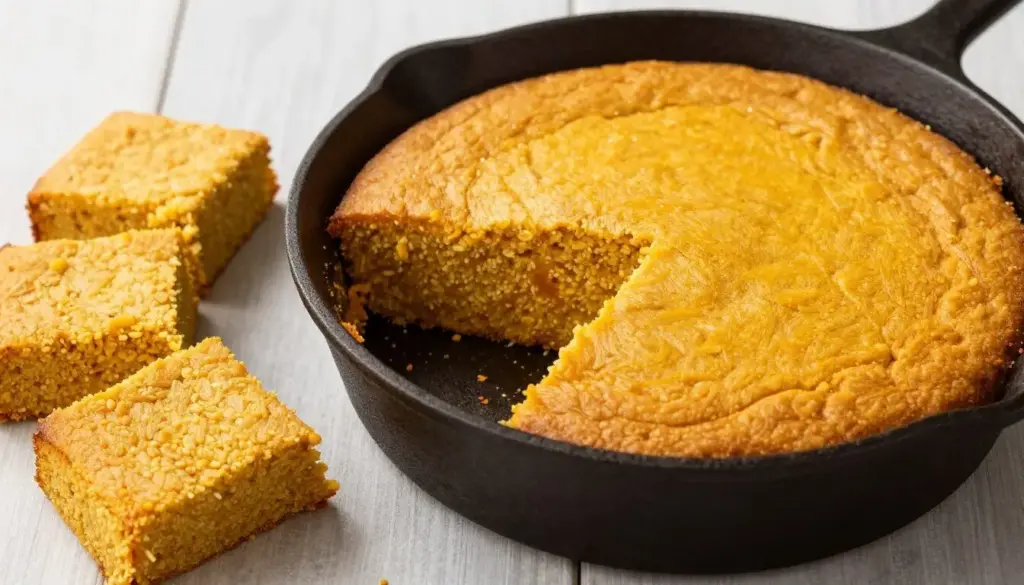Sliced skillet pumpkin cornbread showing a moist orange crumb