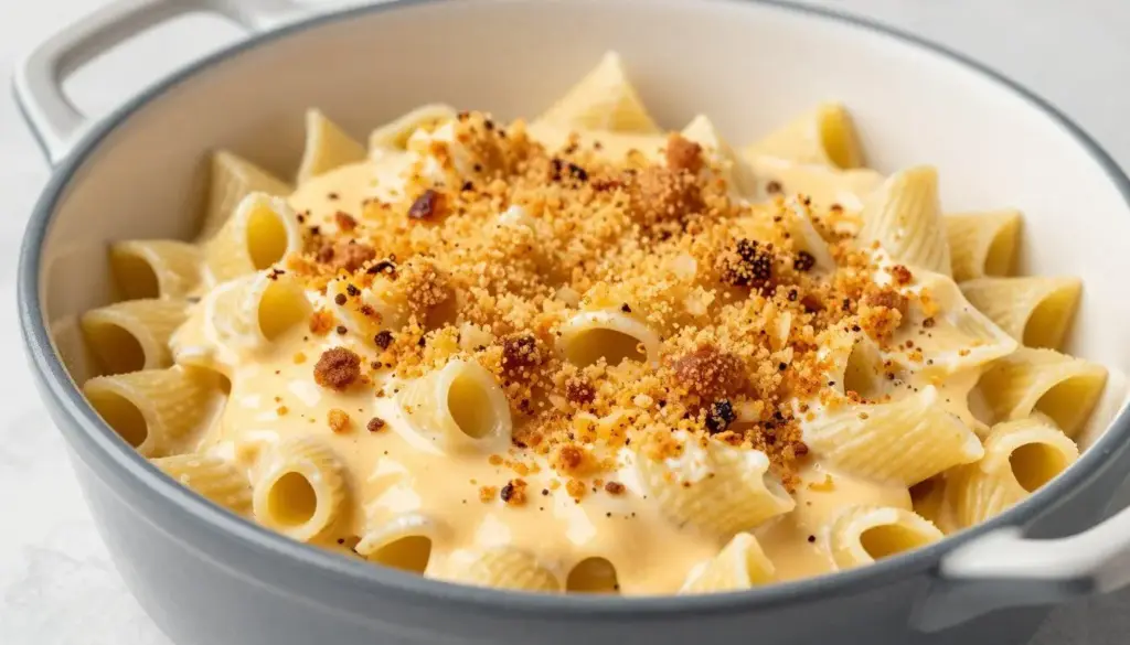 Smoked gouda mac and cheese with toasted panko topping in a casserole dish