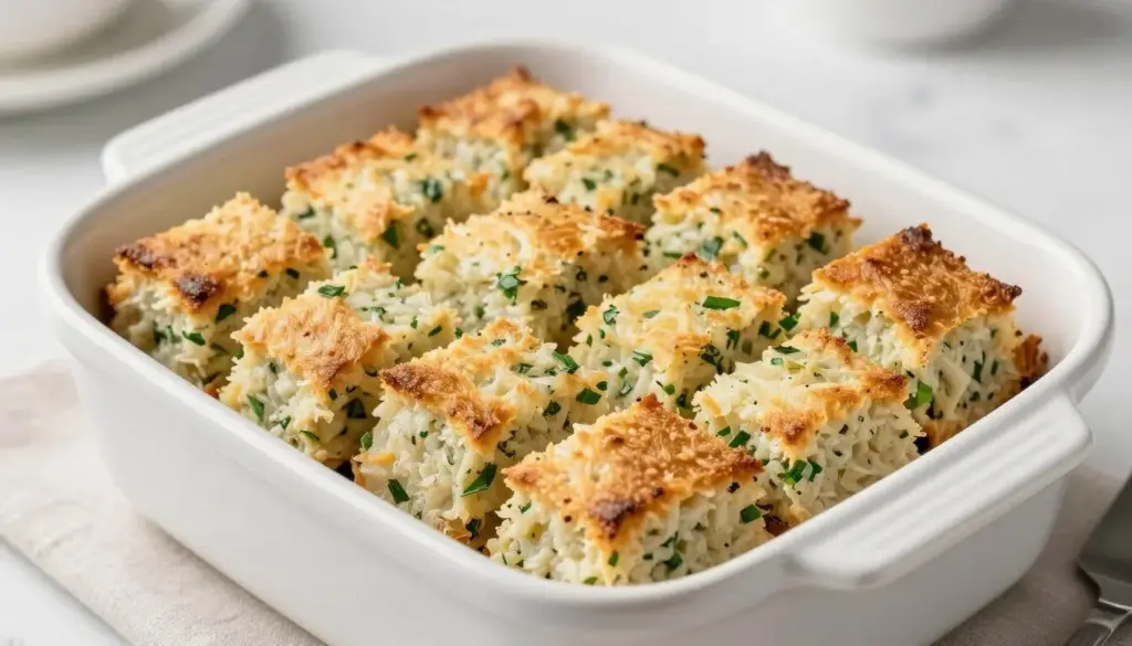 Sourdough stuffing with chopped herbs and leeks in a baking pan