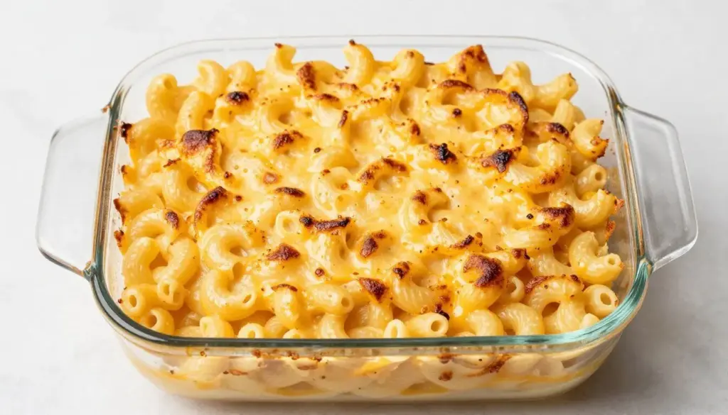 Southern baked macaroni and cheese with a browned bubbly cheese crust