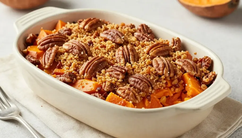Sweet potato casserole topped with a crunchy brown sugar pecan crust
