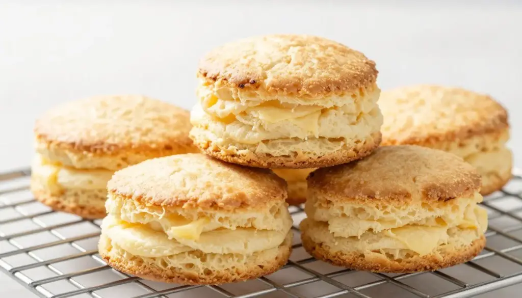 Tall flaky buttermilk biscuits stacked on a wire cooling rack
