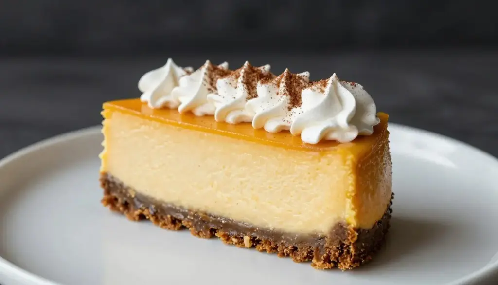 Tall pumpkin cheesecake on a gingersnap crust with whipped cream rosettes
