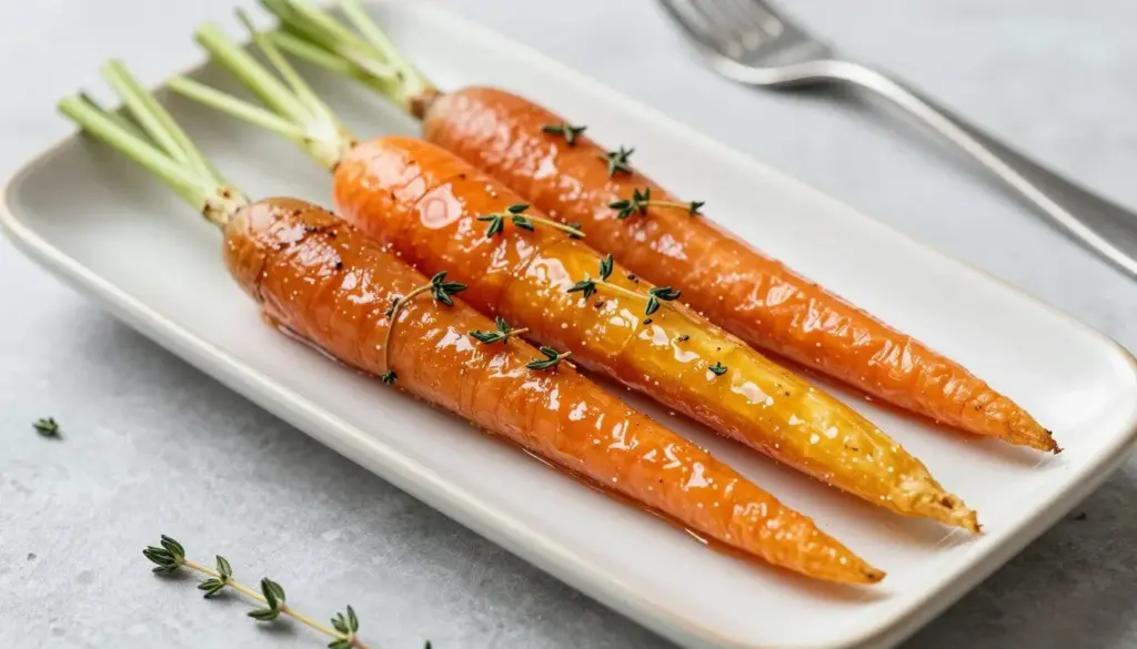 Tender honey glazed rainbow carrots with thyme on a long platter