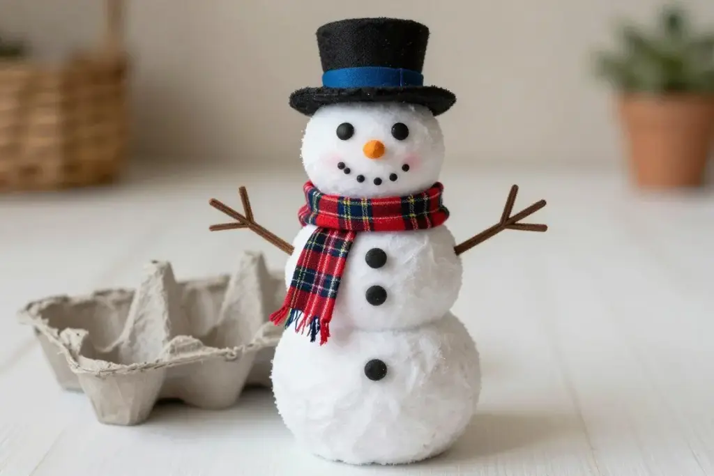 Three-tiered egg carton snowman painted white with a tiny plaid scarf
