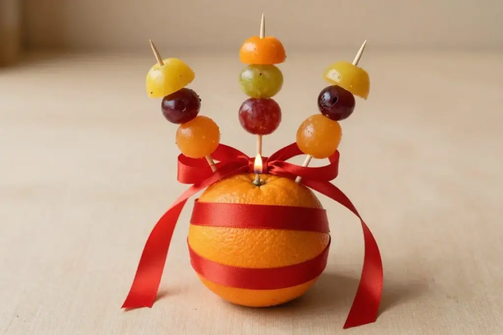 Traditional Christingle orange craft with red ribbon and fruit skewers
