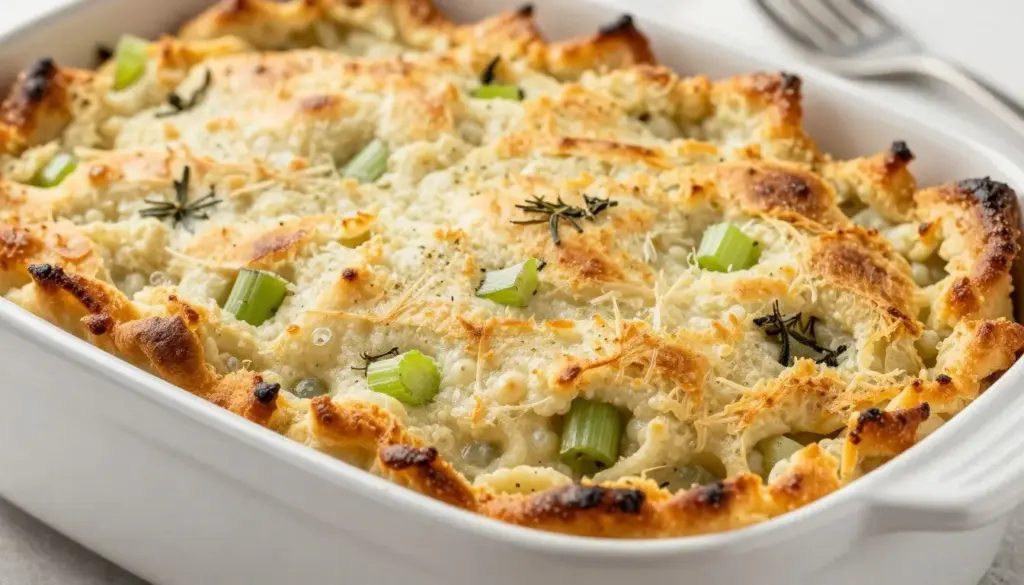 Traditional bread stuffing with fresh herbs and celery in a cast iron skillet