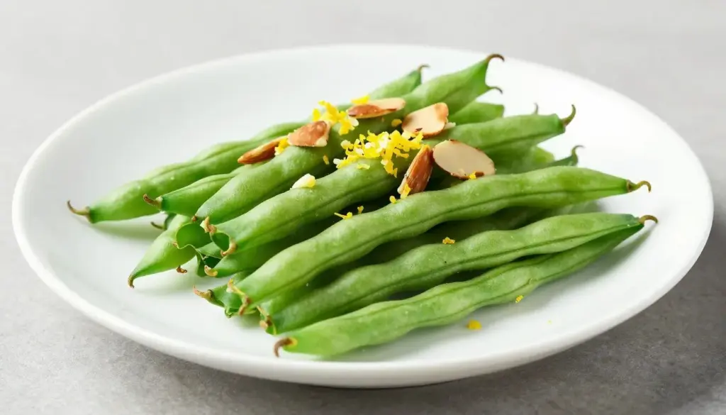 Vibrant green beans tossed with toasted sliced almonds on a white platter