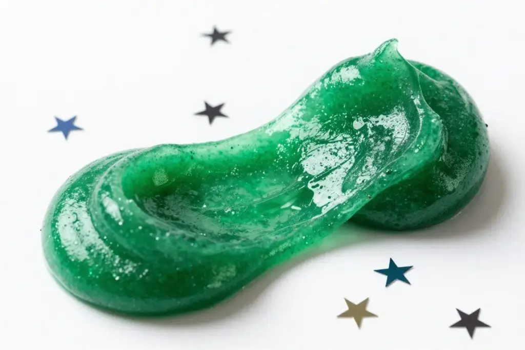 Vibrant green holiday slime filled with glitter and festive confetti