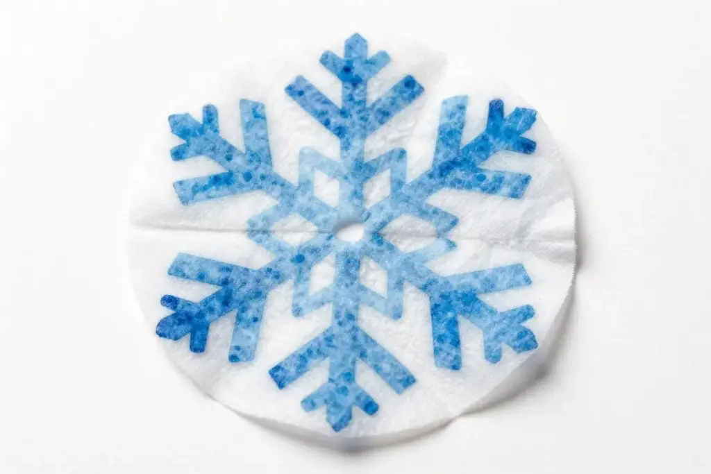 Vibrant watercolor coffee filter snowflakes laid out flat