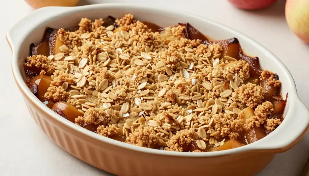 Warm apple crisp with bubbling spiced juices and oat crumble topping