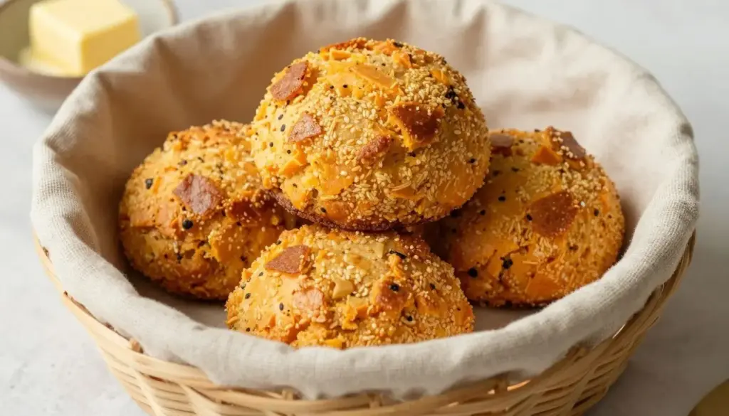Warm golden sweet potato biscuits in a cloth-lined bread basket