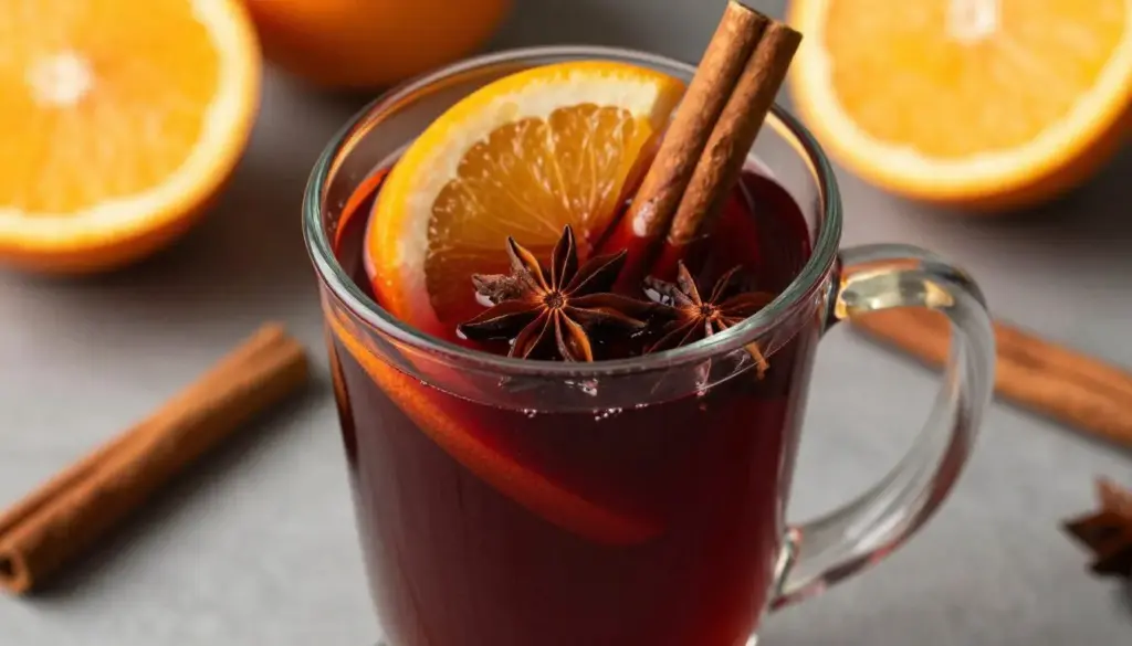 Warm spiced mulled wine in a glass mug with orange slices and star anise