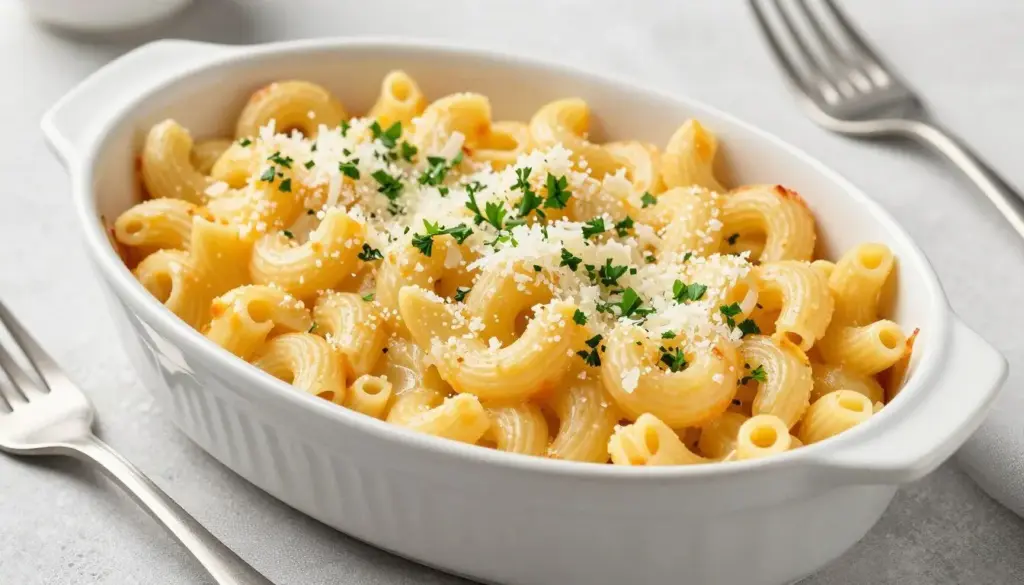 White cheddar truffle macaroni with parmesan topping in an oval gratin dish