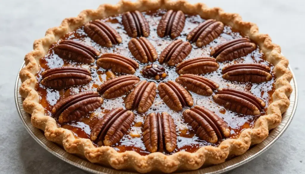 Whole pecan pie with concentric rings of toasted pecans on top
