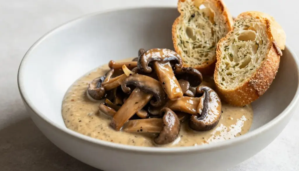 Wild mushroom herb dressing with rosemary in a serving bowl