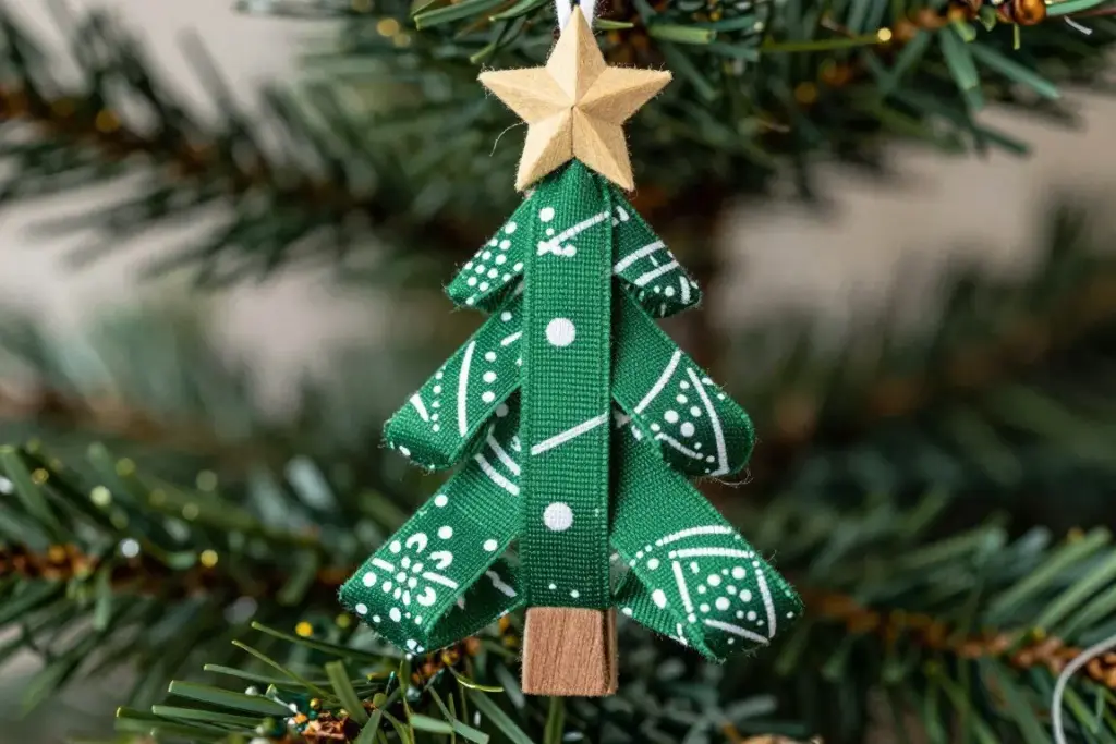Wooden craft stick with green scrap ribbons tied into a tree shape